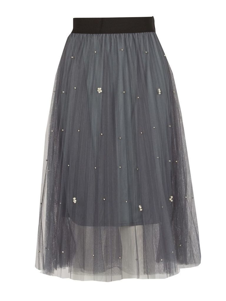 TENKI Beads Insert Pleated Net Midi Skirt, Grey