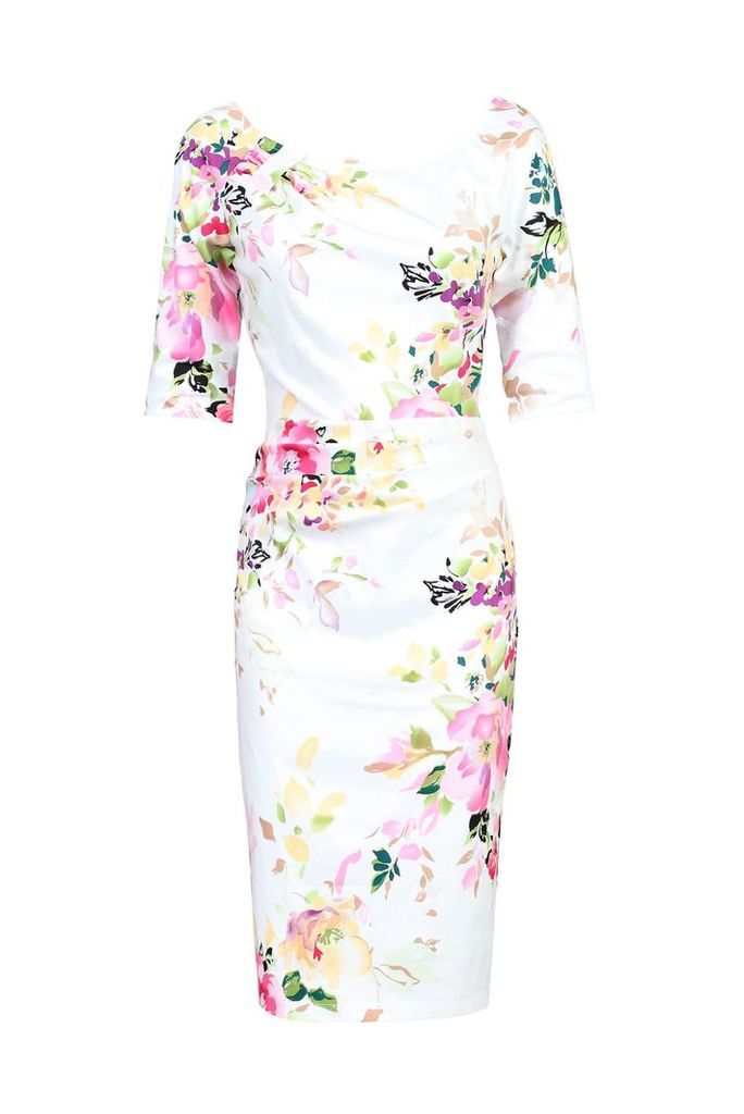 Jolie Moi Retro Floral Print Half Sleeve Dress, White