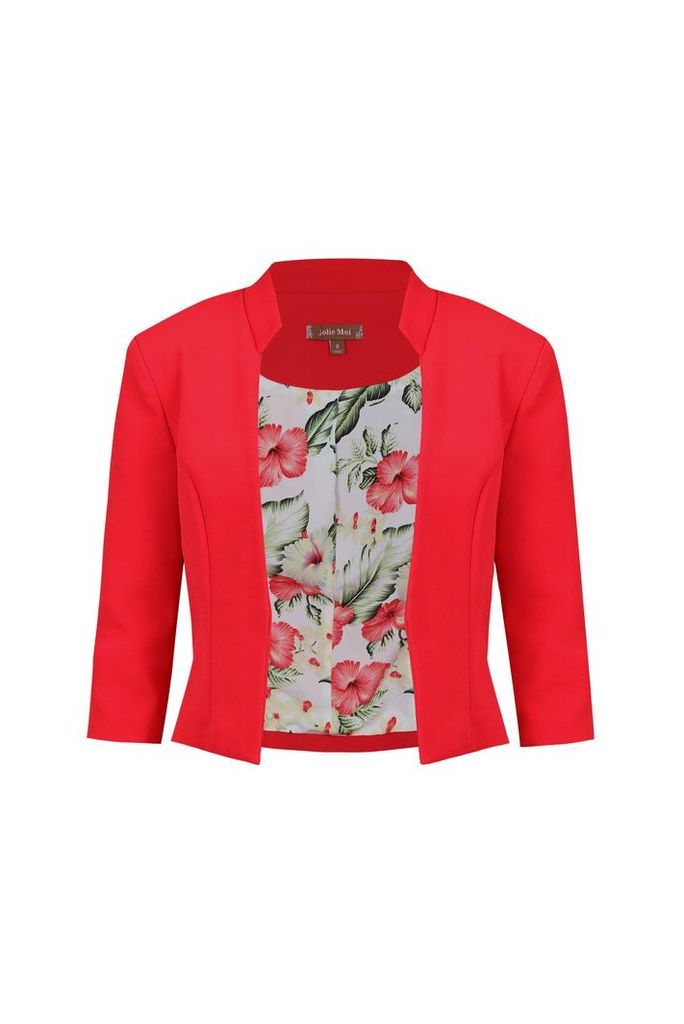 Jolie Moi Floral Print Lined Open Front Blazer, Red