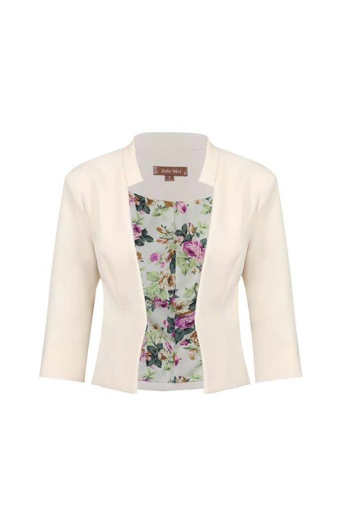 Jolie Moi Floral Print Lined Open Front Blazer, White