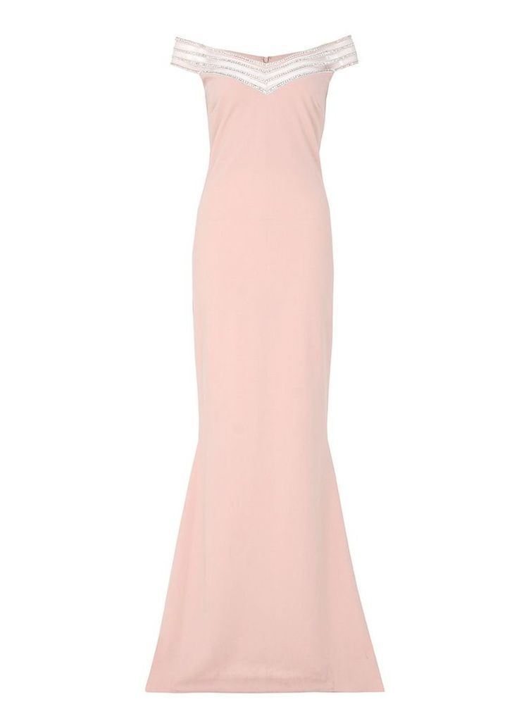 Quiz Nude Crepe Diamante Maxi Dress, Pink