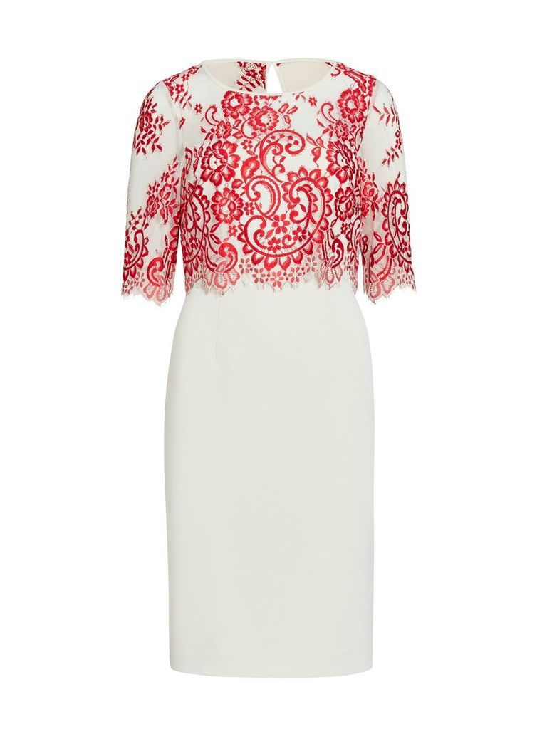 Gina Bacconi Crepe dress with embroidered net bodice, Red