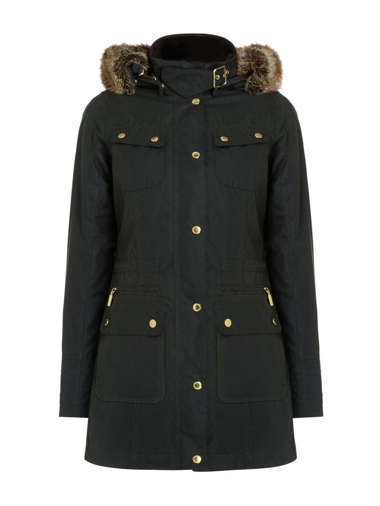 Barbour Mallory Wax Jacket with Faux Fur Hood, Sage
