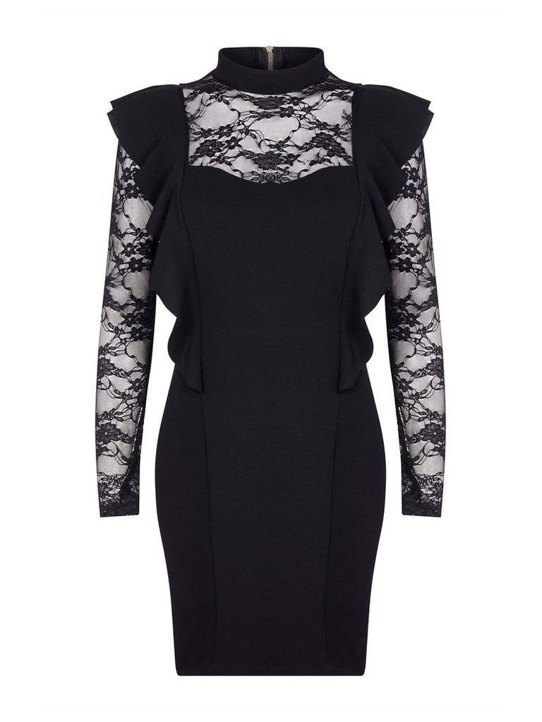 Mela London Lace Front Ruffled Bodycon Dress, Black