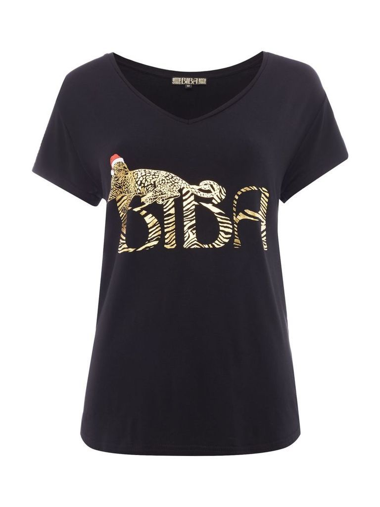 Biba Draped leopard christmas hat t-shirt, Black
