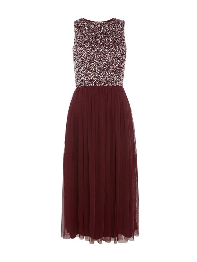 Lace and Beads Sequin Midi Dress, Red