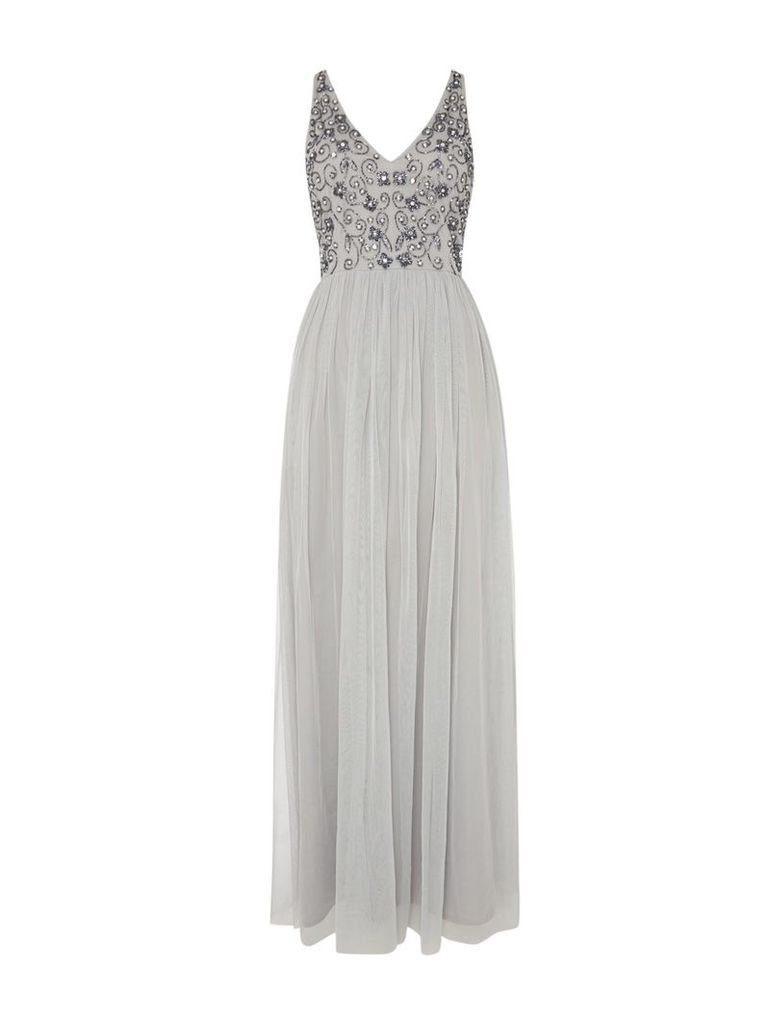 Lace and Beads V Neck Maxi, Grey