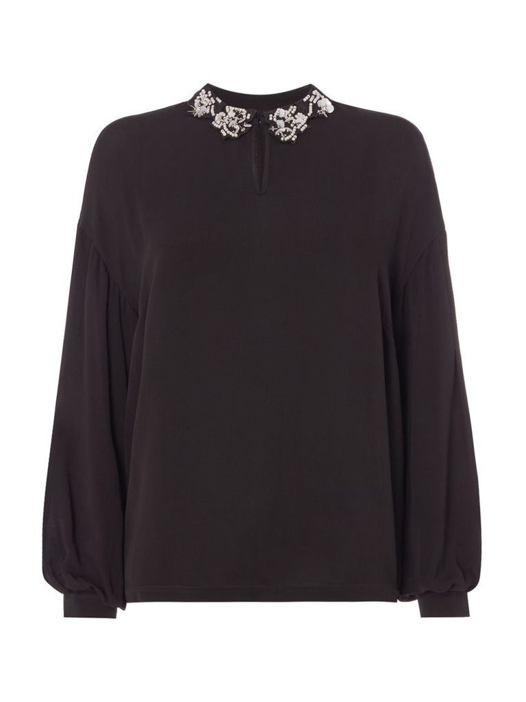 Biba Embellished collar pleat sleeve blouse, Black