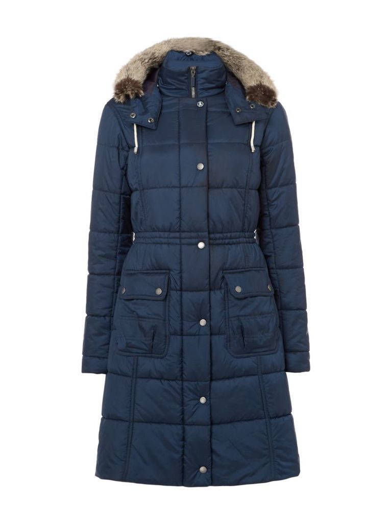 Barbour Long Quilted Coat With Fur Trim Hood, French Blue