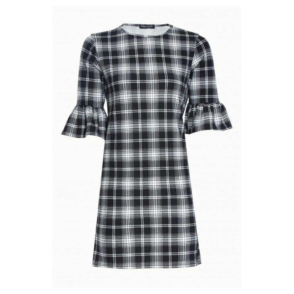 CHECK CREPE FLUTED SLEEVE SHIFT DRESS