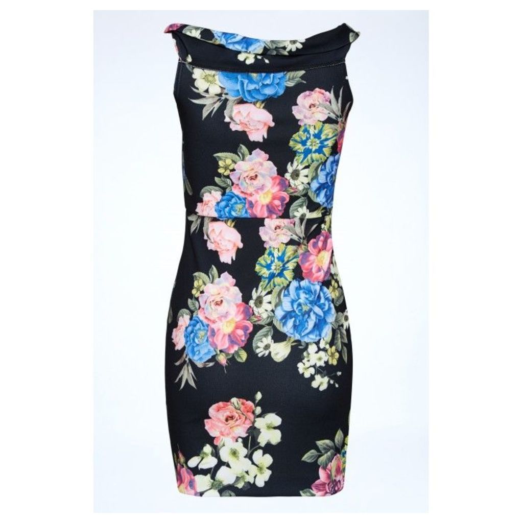 ROUCHED FRONT FLORAL BODYCON