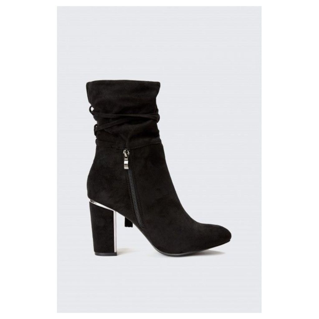 METAL HEEL ROUCHE ANKLE BOOTS