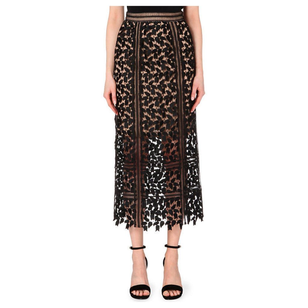 Self-Portrait Arabella Lace Midi Skirt, Women's, Size: 6, Black/Light Salmon