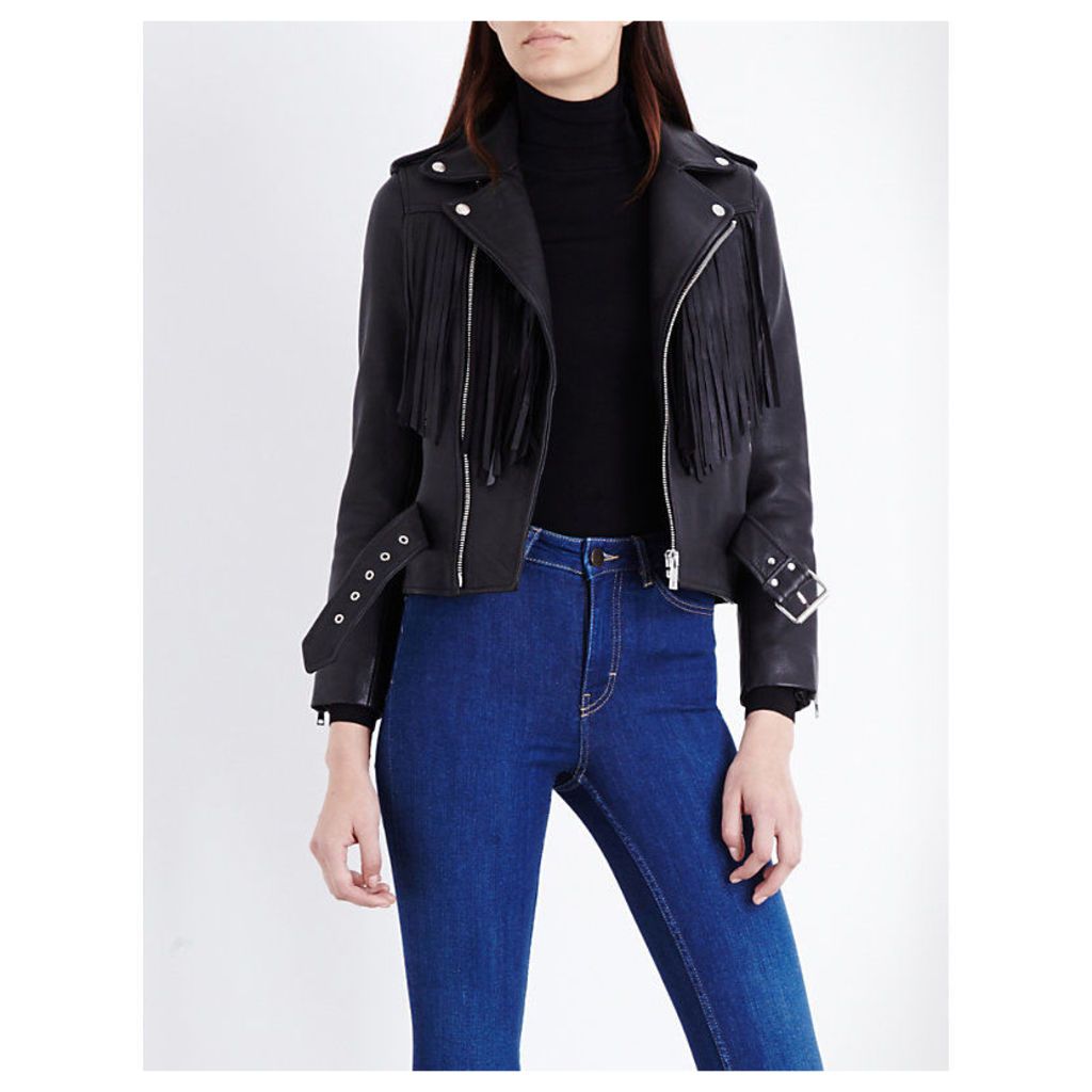 Maje Fringed Leather Biker Jacket, Women's, Size: 10, Black