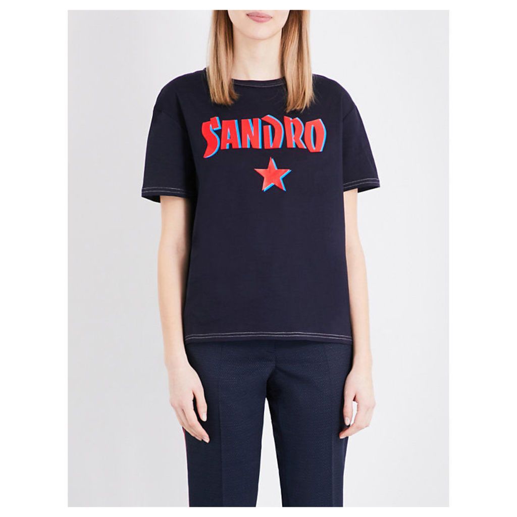Sandro Logo-print cotton-jersey T-shirt, Women's, Size: M, Navy blue