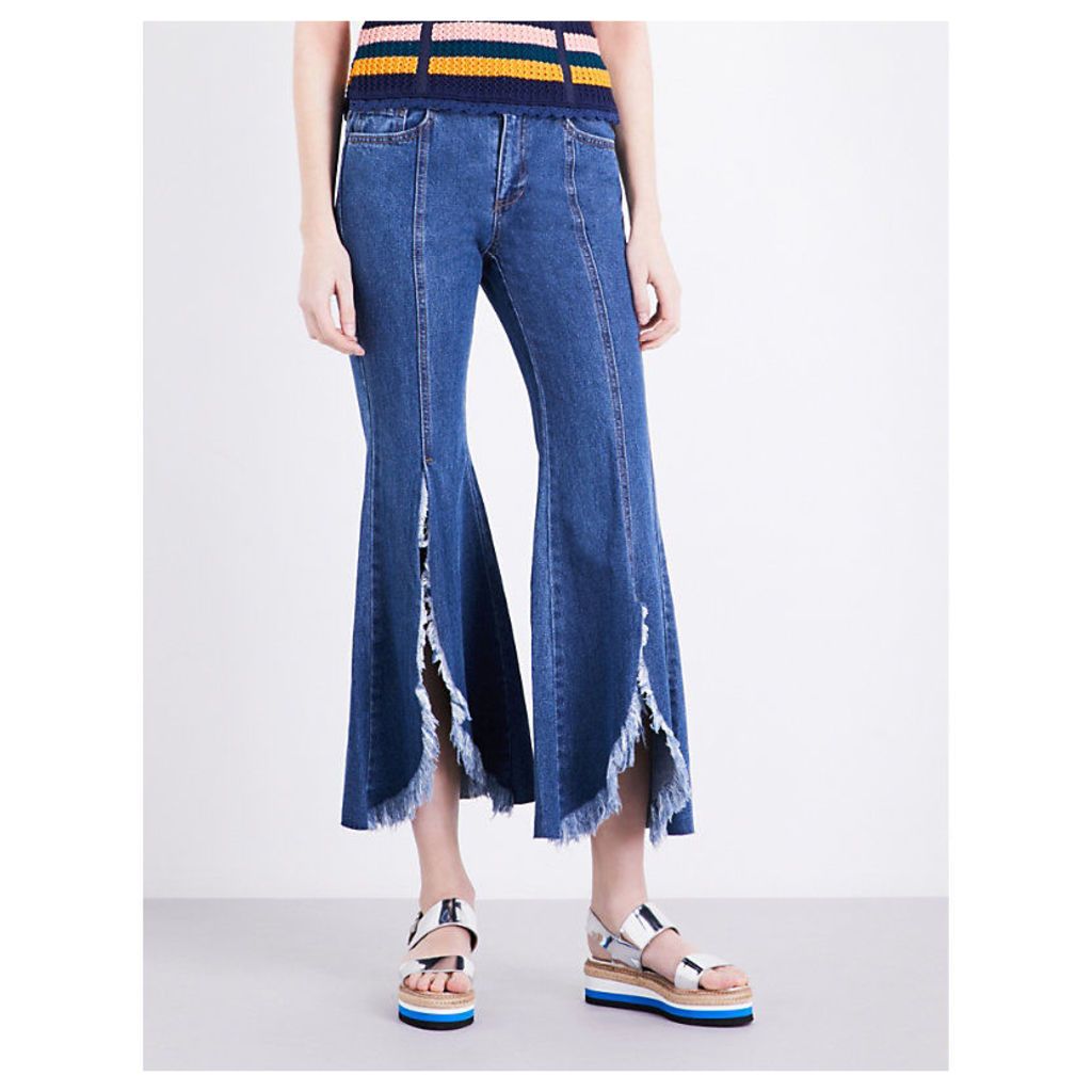 Steve J & Yoni P Frayed-hem flared mid-rise jeans, Women's, Size: L, Dark blue