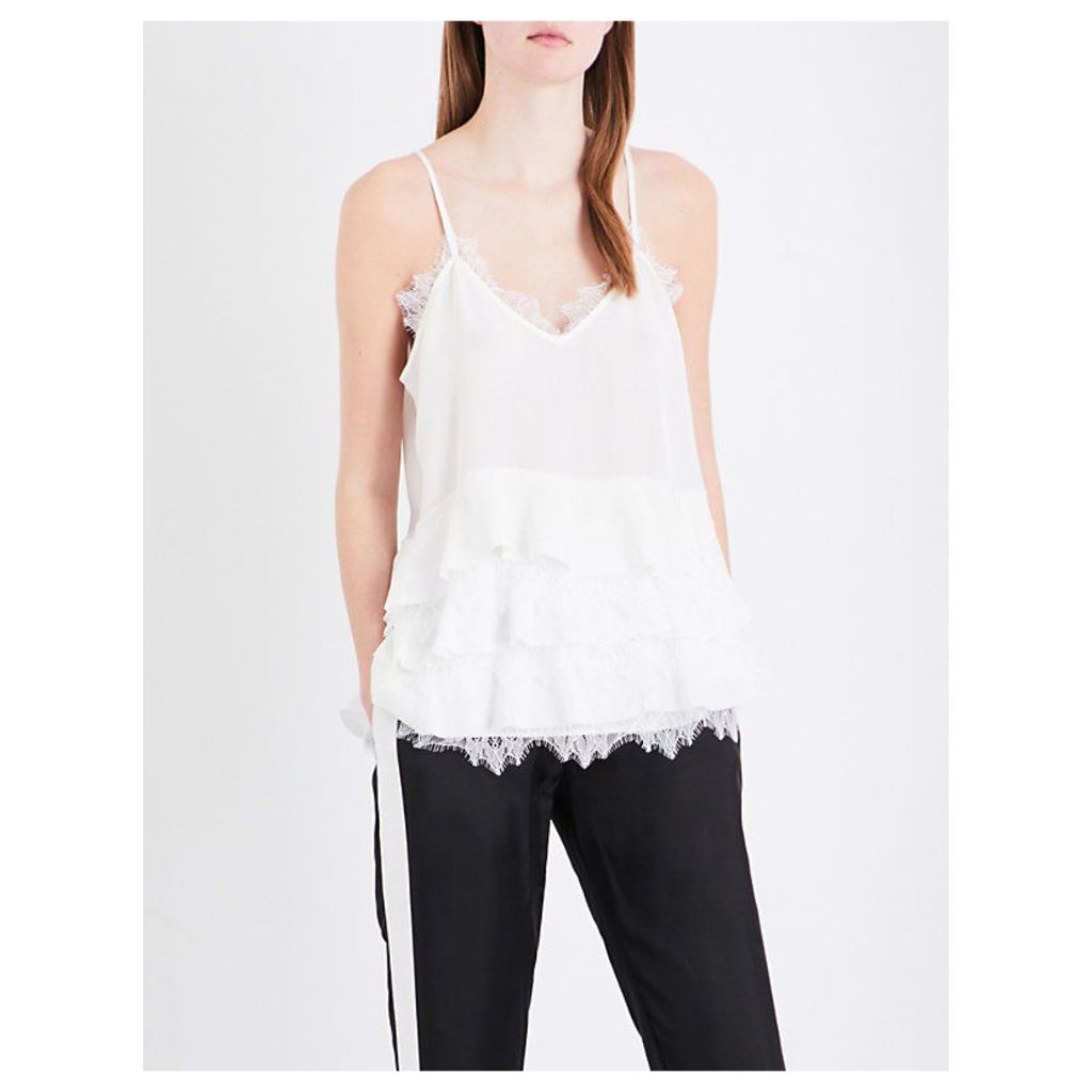 The Kooples Sport Tiered lace-trimmed silk top, Women's, Size: M, Ecr01