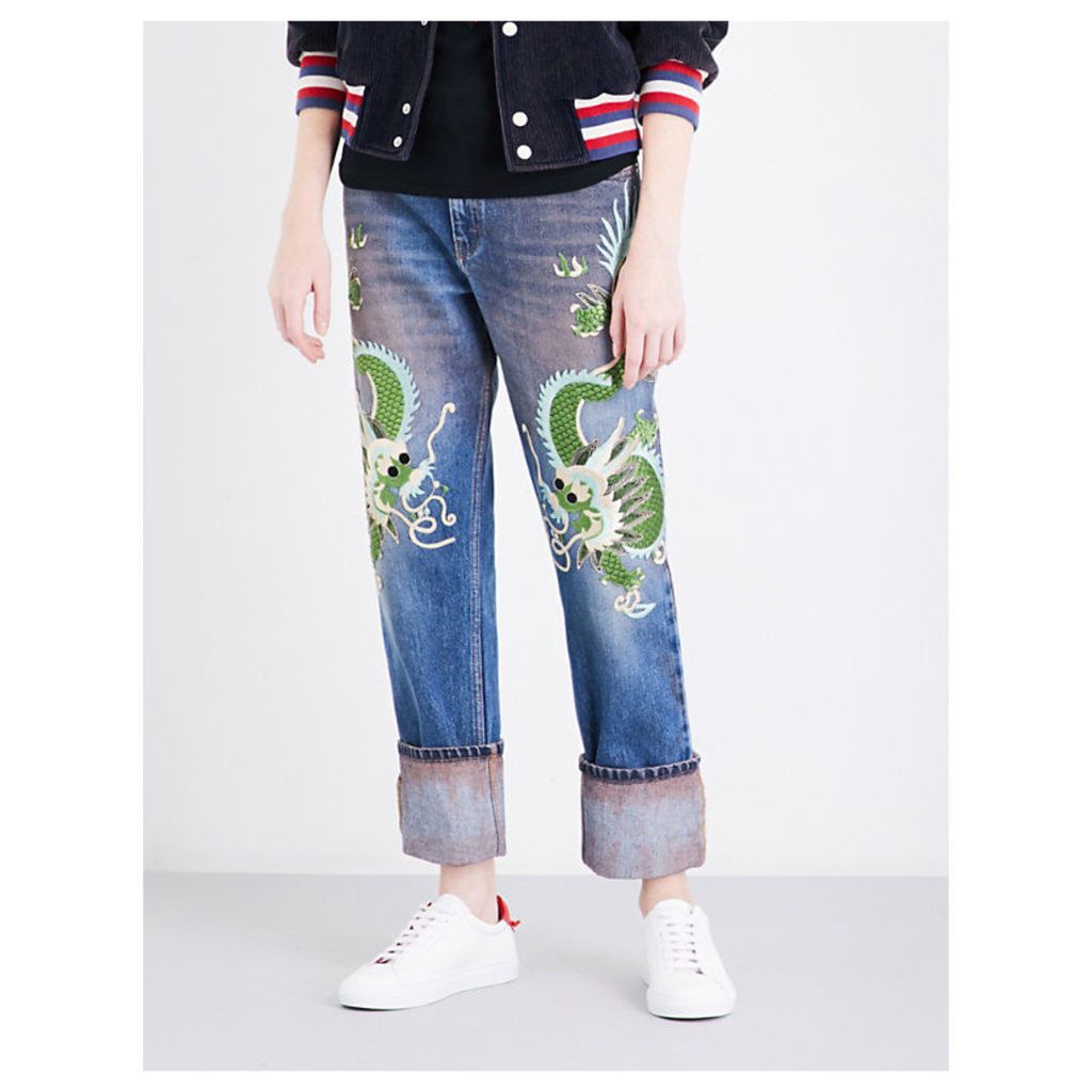 Dragon-embroidered mid-rise straight jeans