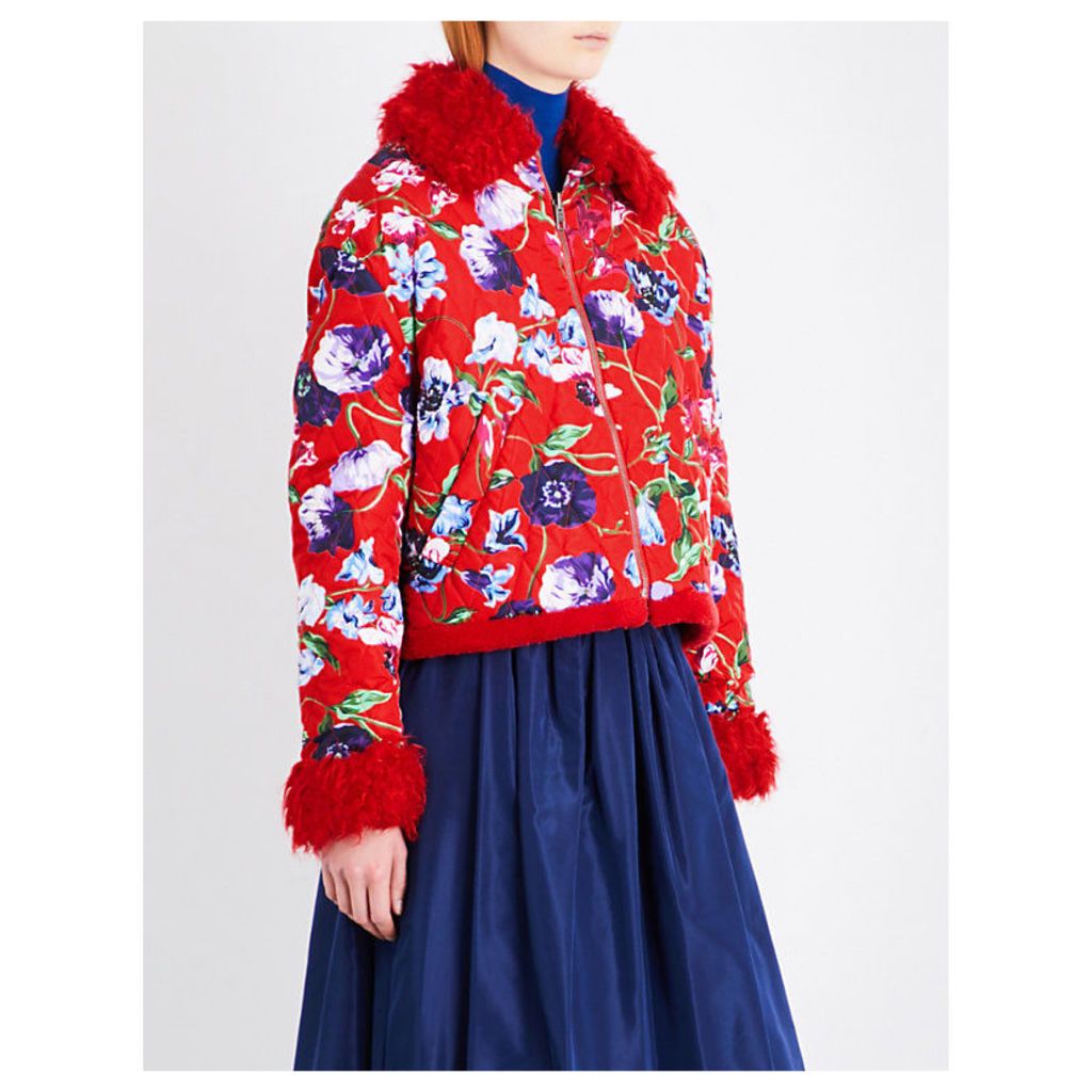 Kenzo Ladies Red Floral Print Exposed Zip Faux Shearling-Trim Floral-Print Quilted Jacket, Size: 10