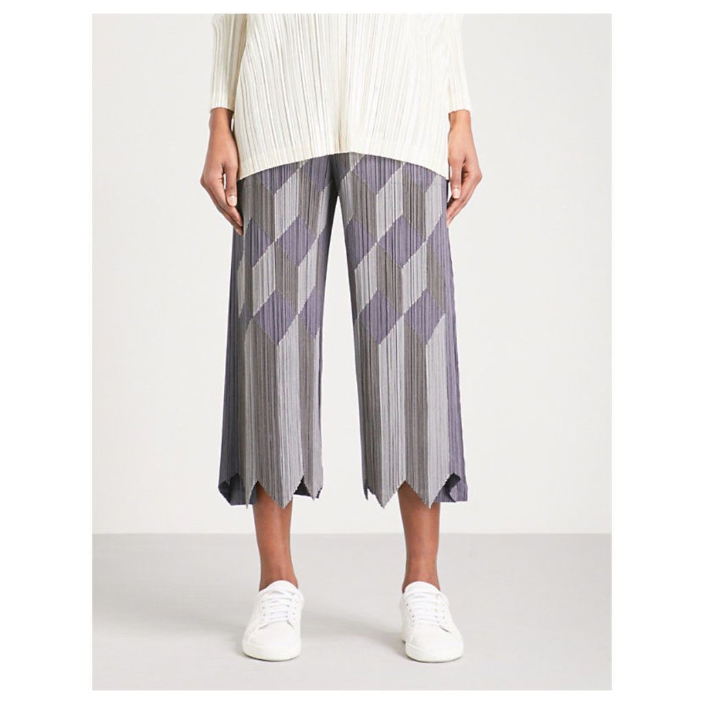 Geometric patchwork wide cropped pleated trousers