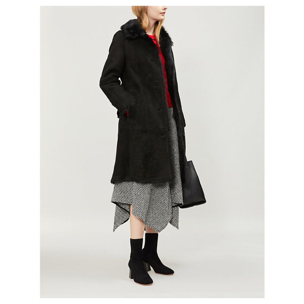 Burberry Womens Black Check Thestford Belted Shearling Coat