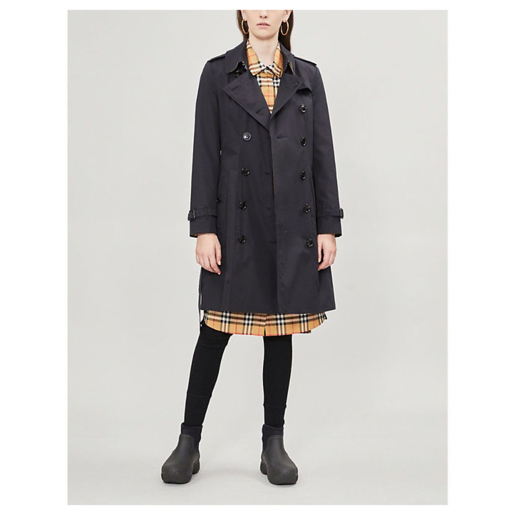 Burberry Womens Midnight Black Heritage Chelsea Check-Trimmed Cotton Trench Coat