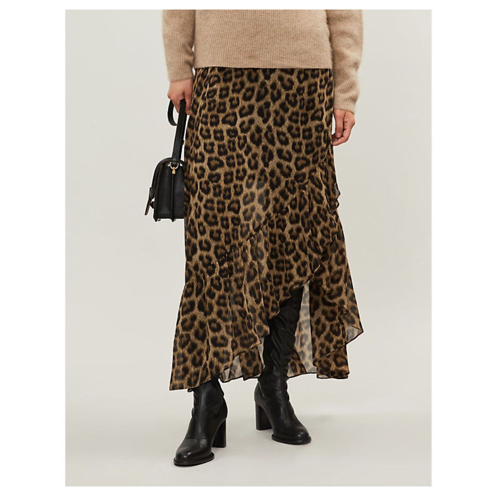 Ba&Sh Brown and Black Falvi Leopard-Print Ruffled Crepe Midi Skirt