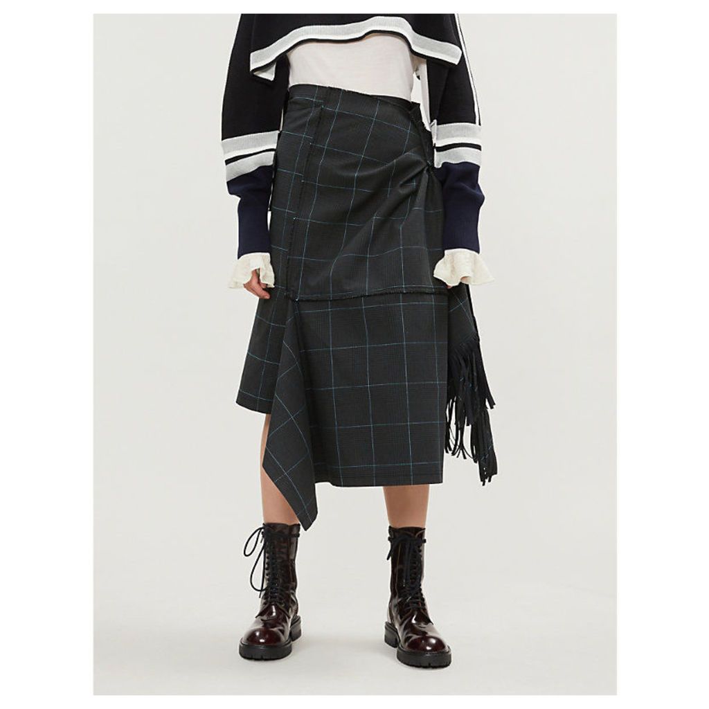 Asymmetric checked cotton midi skirt