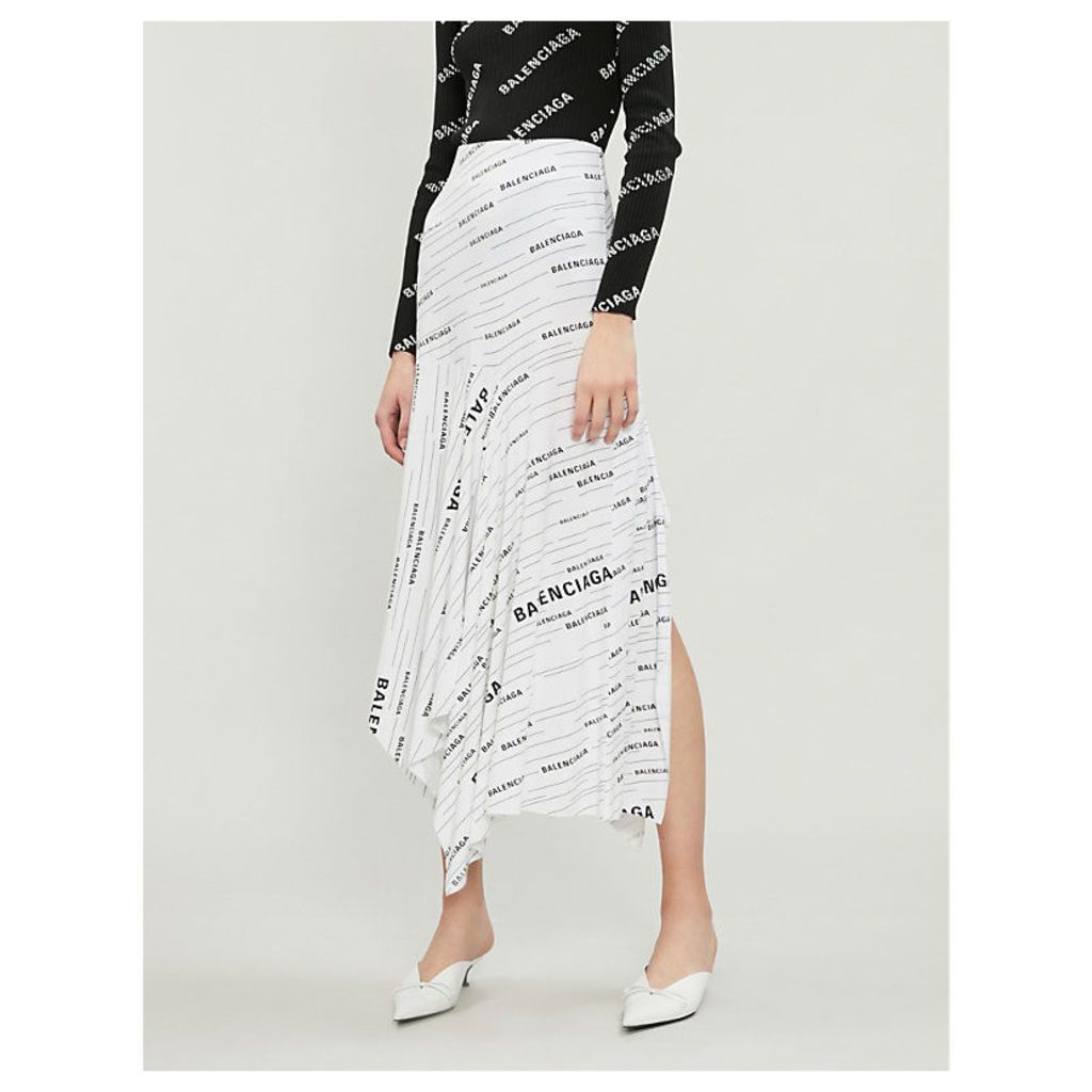 Balenciaga White and Black Logo-Print Jersey Midi Skirt