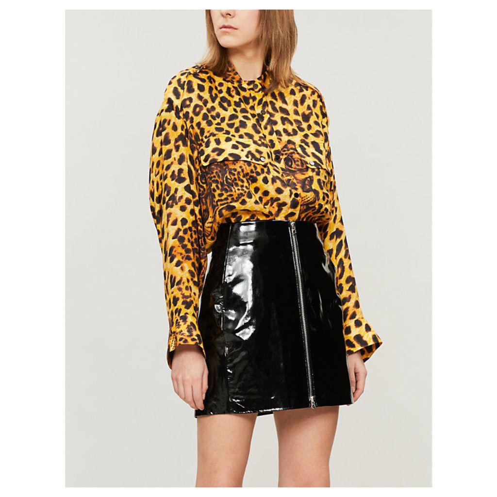 Leopard-print high-neck crepe shirt