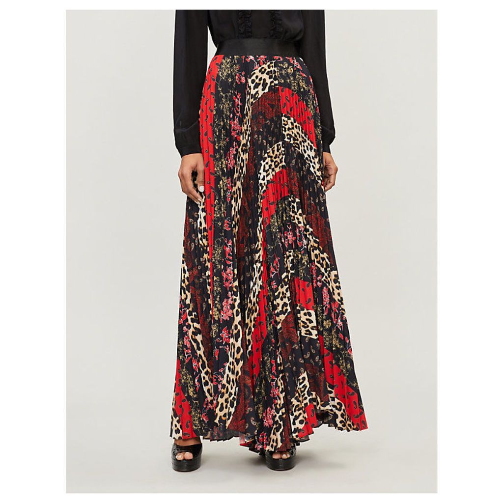 Patchwork-print flared pleated skirt