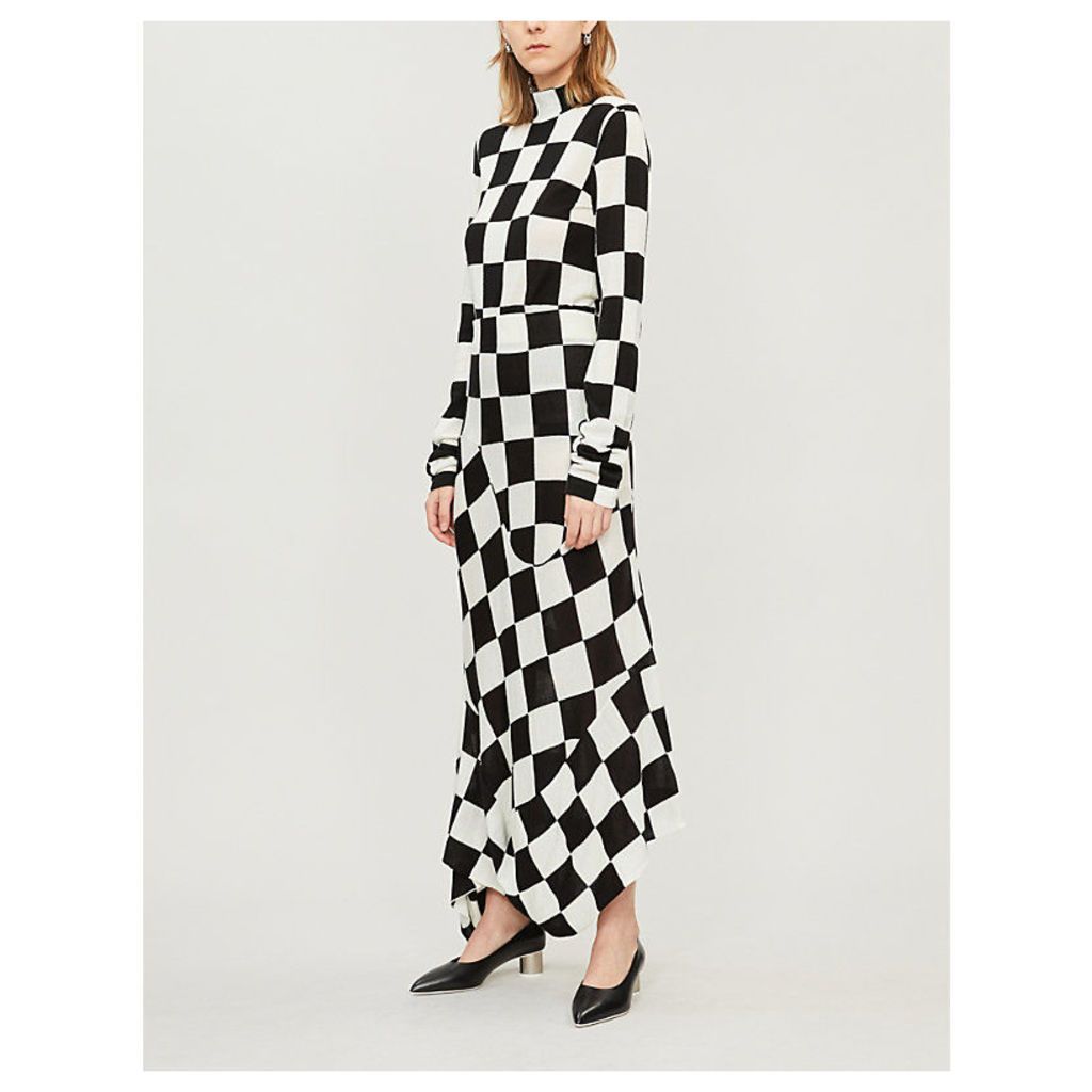 Checkerboard-print wool and cotton-blend midi skirt