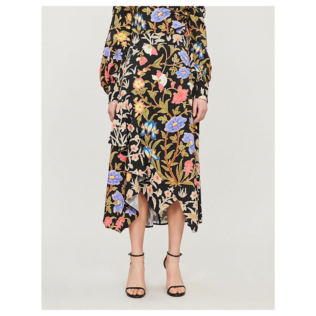 Floral-print asymmetric crepe midi skirt