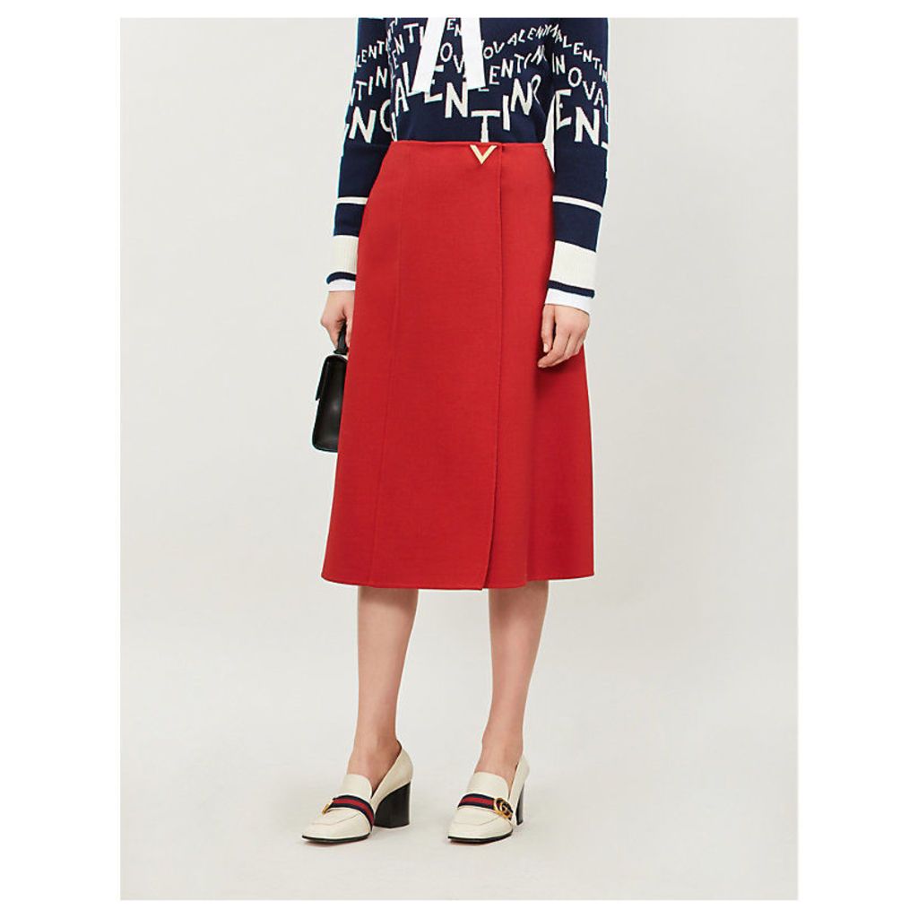 High-waist wrap-effect wool-crepe midi skirt
