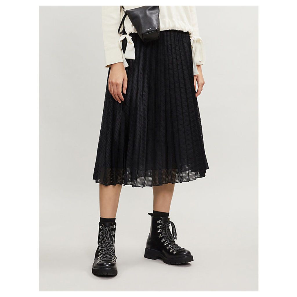 High-waist pleated perforated stretch-jersey midi skirt