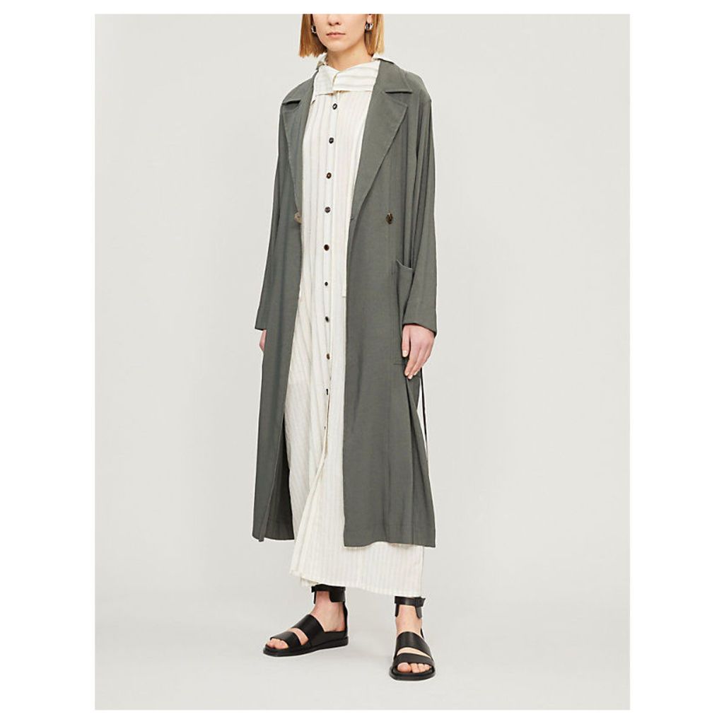 Belted long linen-blend coat