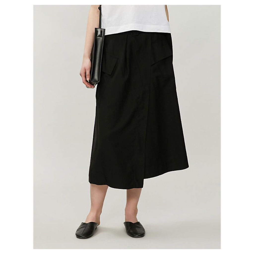 High-waist belted garbadine midi skirt