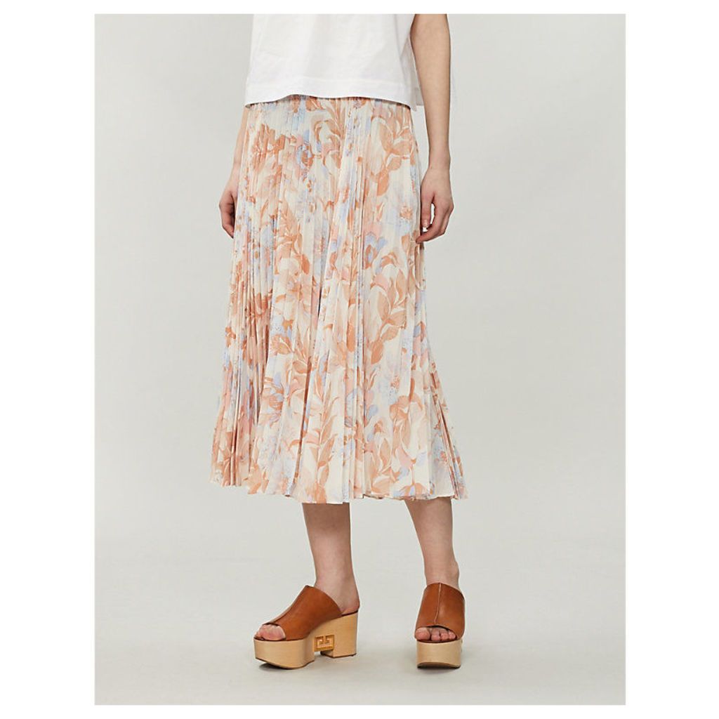 High-waist pleated floral-print crepe midi skirt