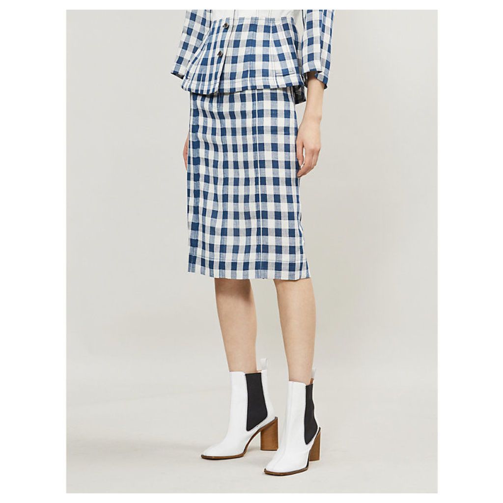 Gingham-patterned denim and linen skirt
