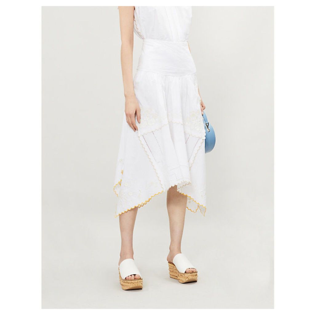 Embroidered asymmetric cotton midi skirt
