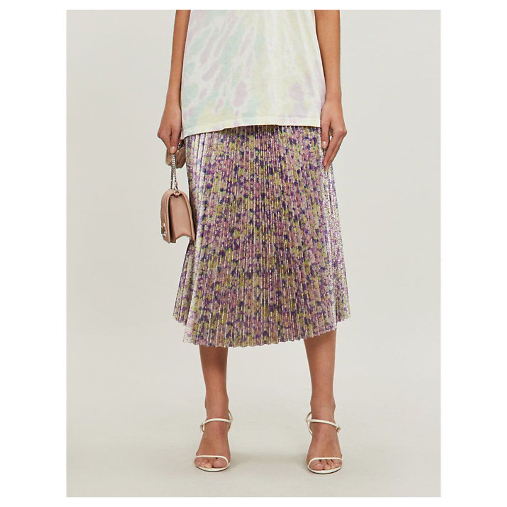 Floral-print metallic pleated midi skirt