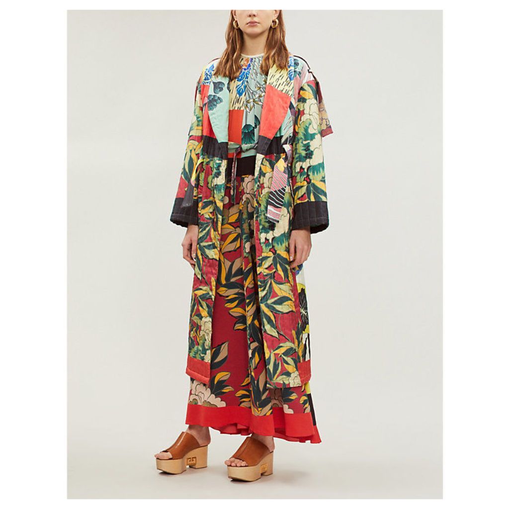 Floral-print quilted silk kimono coat