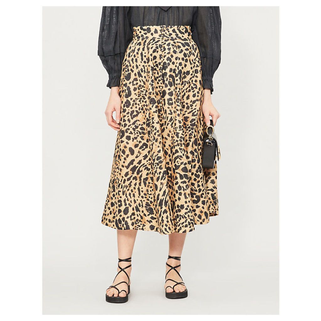 Flared high-waist leopard-print linen midi skirt