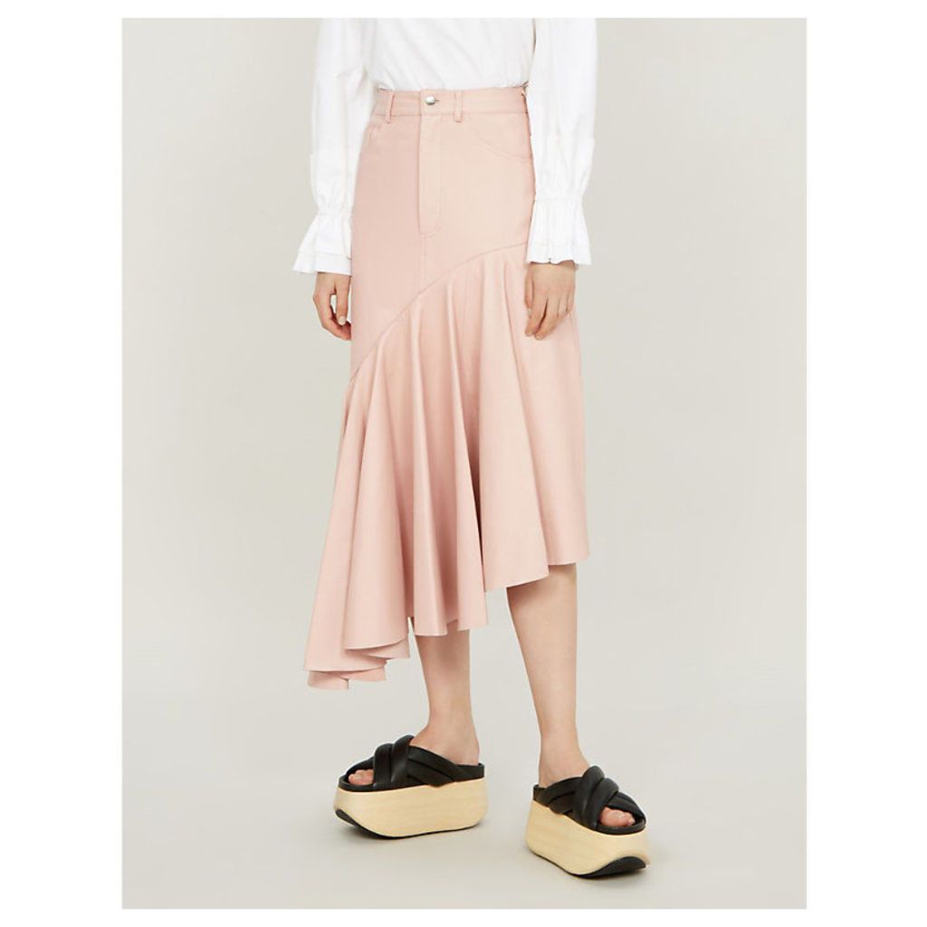 Ruffled asymmetric leather midi skirt