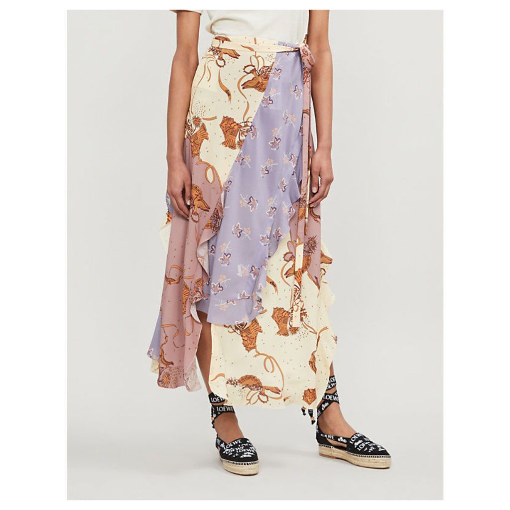 Floral-print asymmetric-hem crepe skirt