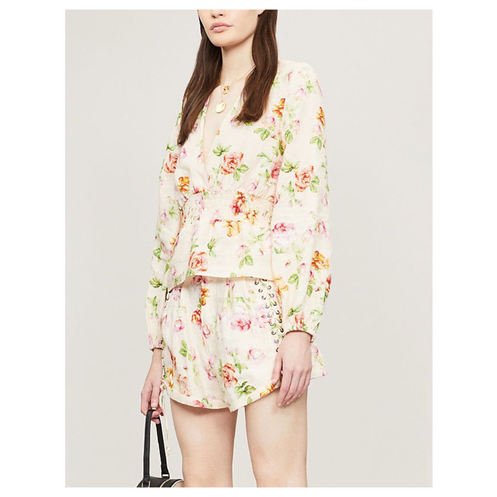 Floral-print linen blouse