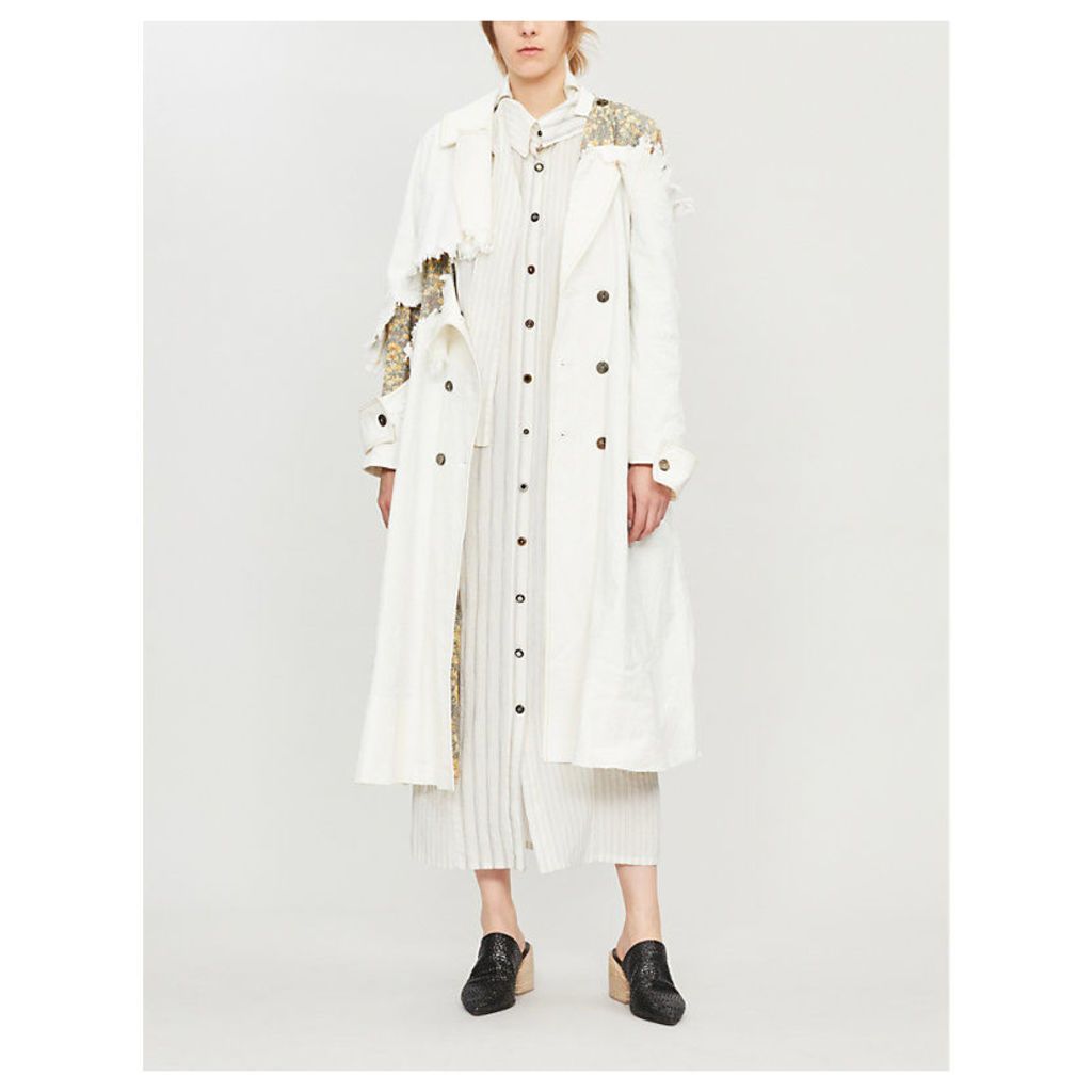 Distressed floral-print linen-blend trench coat