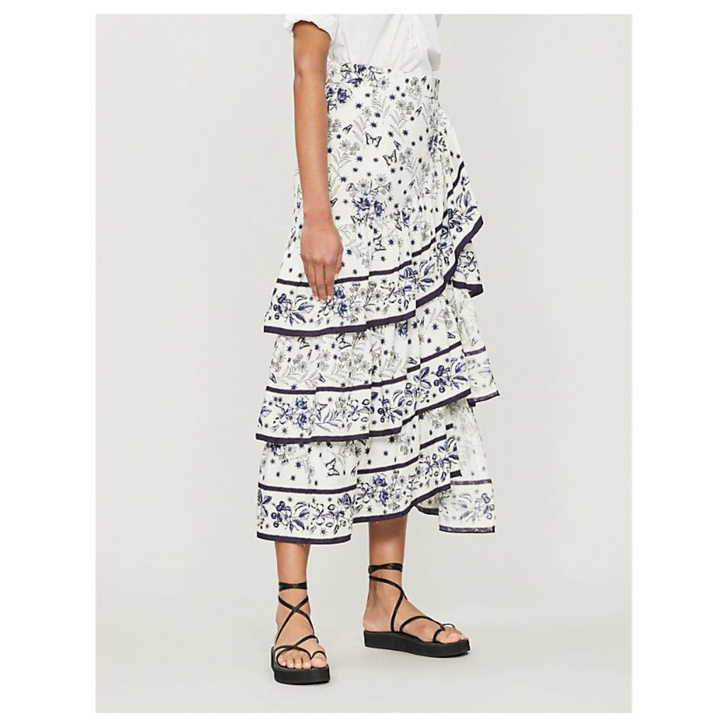 Floral-print ruffled woven skirt