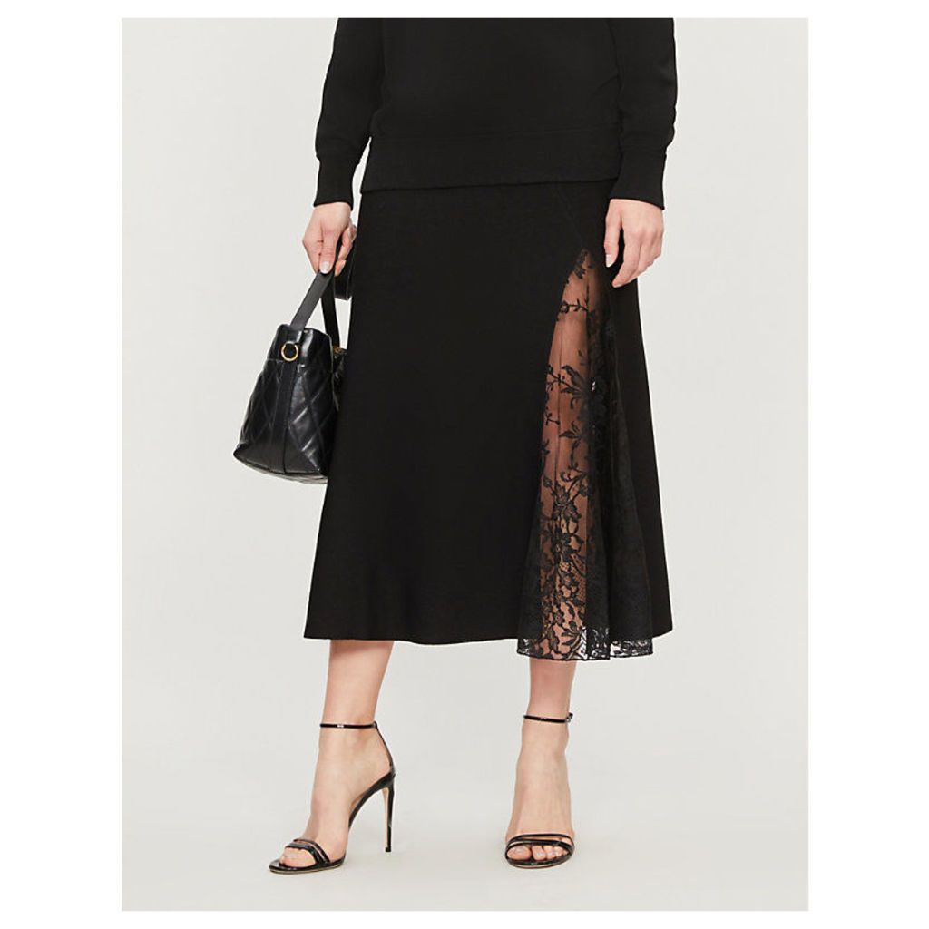 High-waist floral-lace and crepe midi skirt