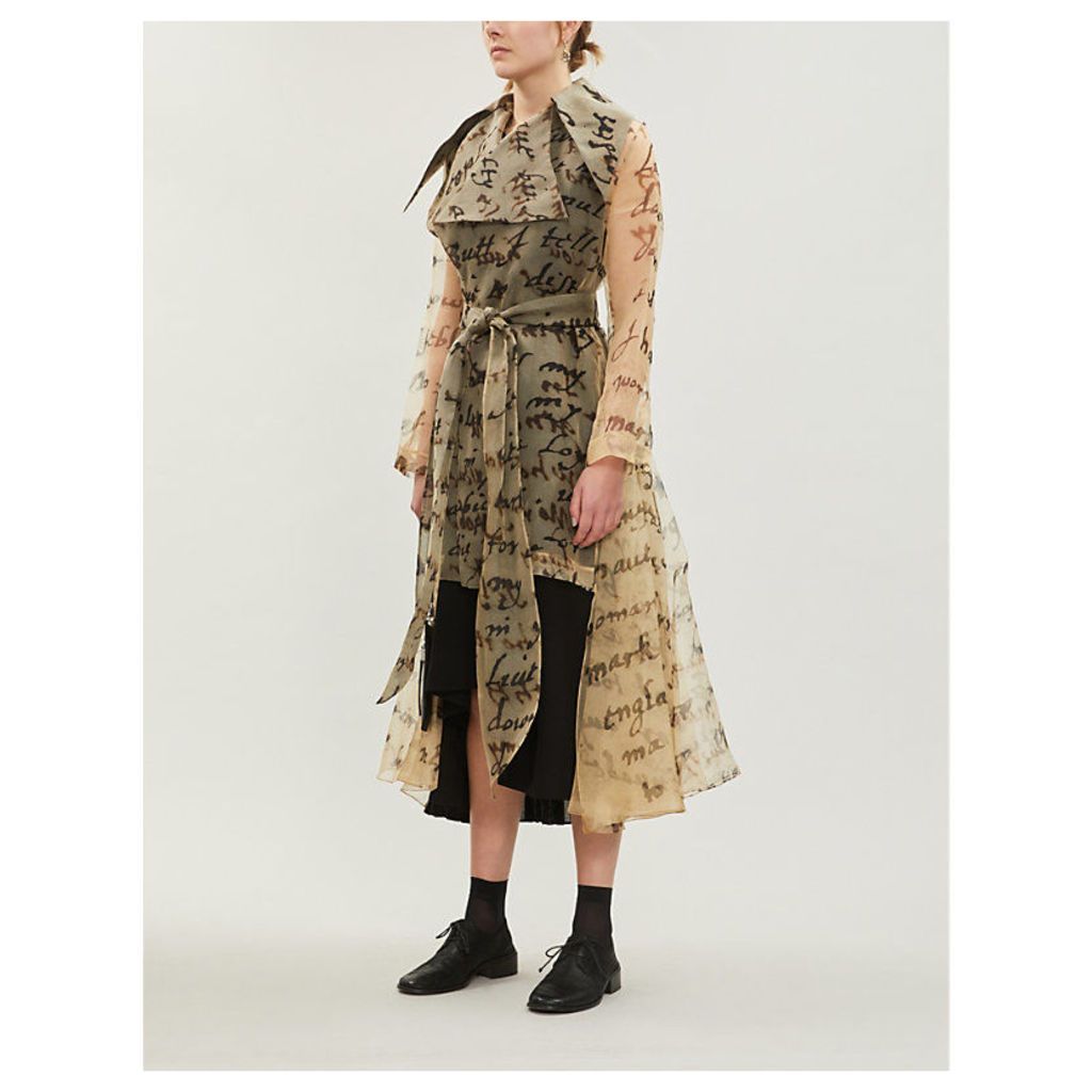 Text-print sheer silk trench coat